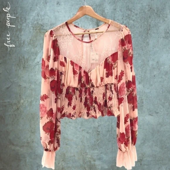 FREE PEOPLE Daphne Rose/Floral Long Sleeve Sheer Lace Ruched Blouse-Sm NWT - Picture 12 of 16